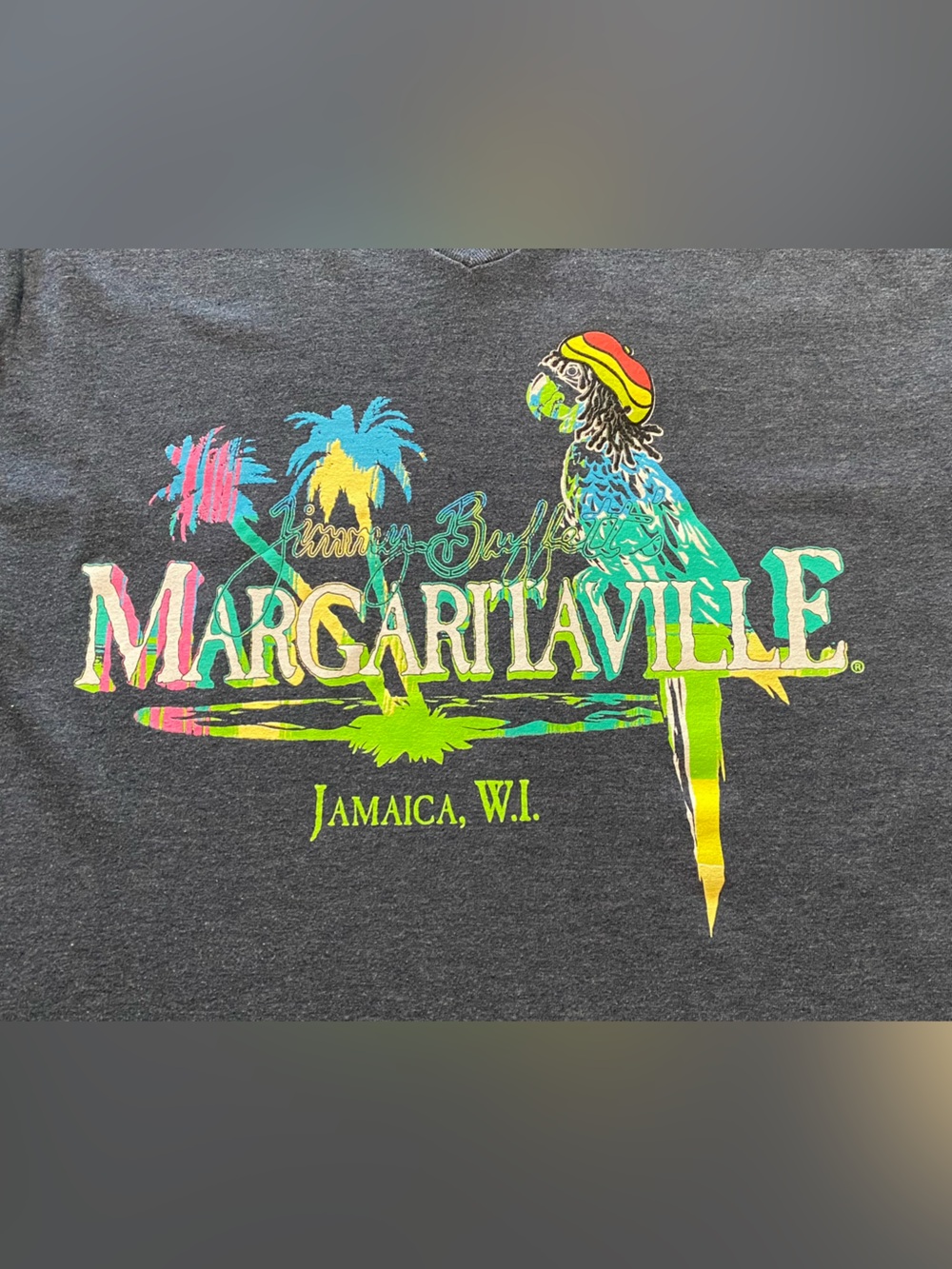 Jimmy Buffett Margaritaville gray V-Neck Tee with Neon Parrot Graphic - Picture 4 of 6